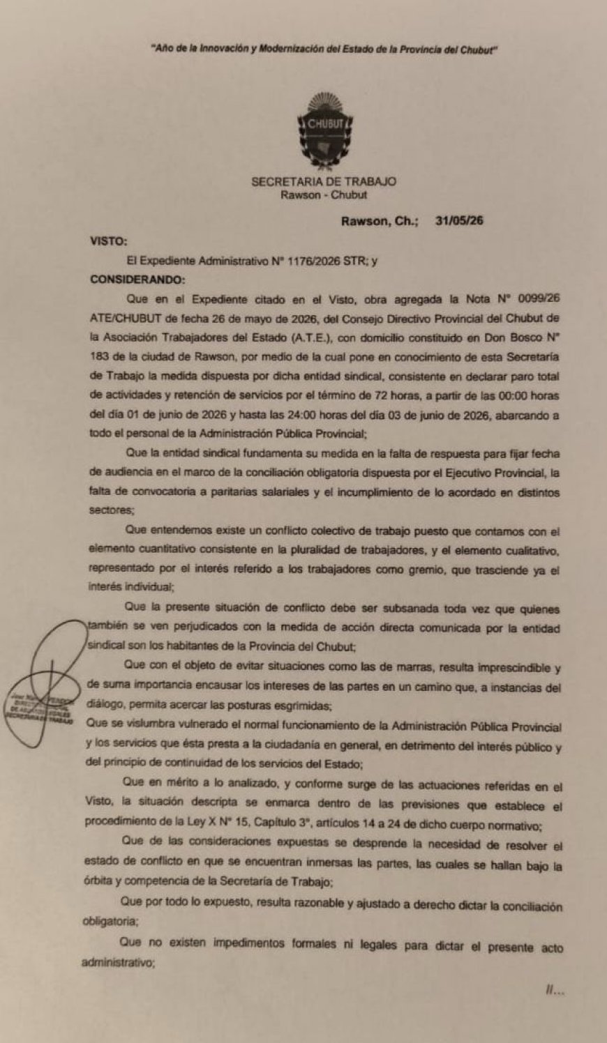 La Secretaría de Trabajo dictó la conciliación obligatoria ante la medida de fuerza impulsada por un sector de ATE